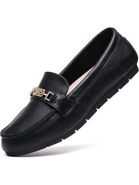 Women's Black Leather Comfort Walking Pull On Leisure Slip On Loafer Flat Shoes
